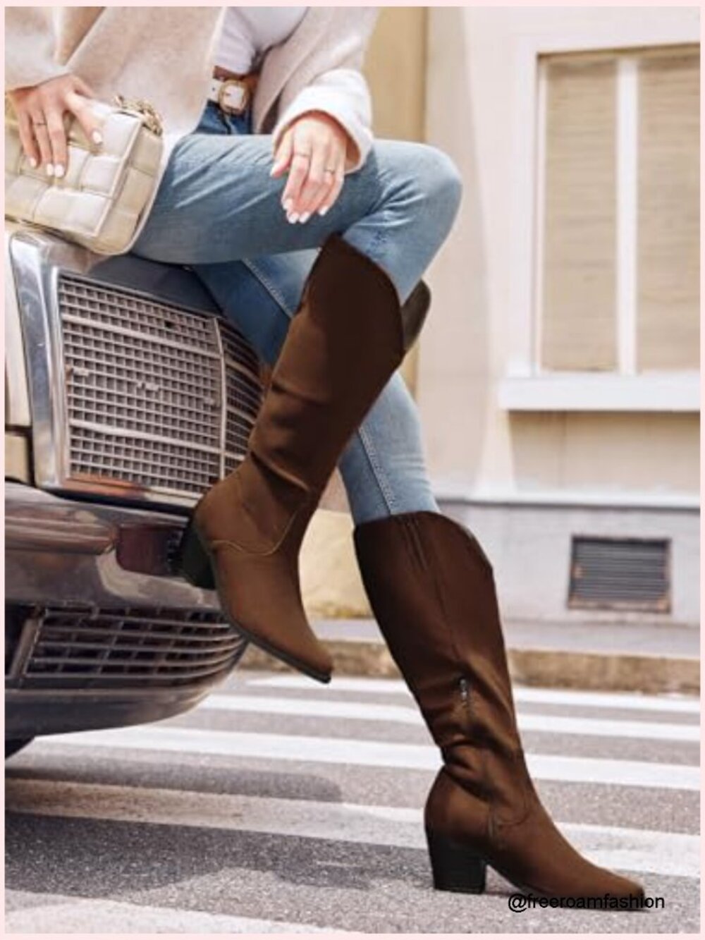 Wide Calf Cowboy Boots Suede Knee High Chunky Heel Pointed Toe Western Boots - Picture 3 of 7